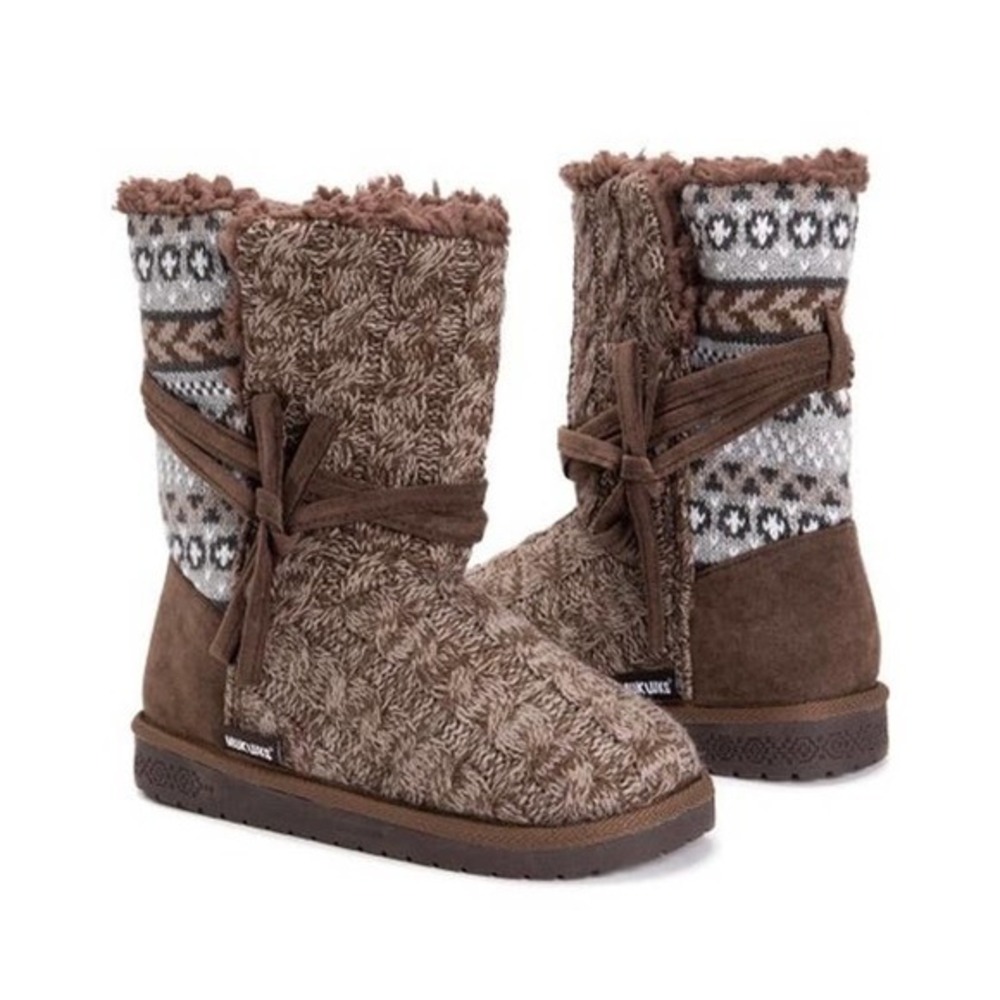 MUK LUKS Medium Brown & Gray Clementine Boot faux fur lined fair isle Women sz 7